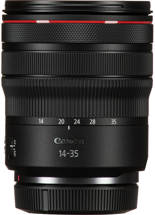 Egy Canon 14-35mm-es objektív. Fekete, piros részletekkel, fókuszgyűrűvel.