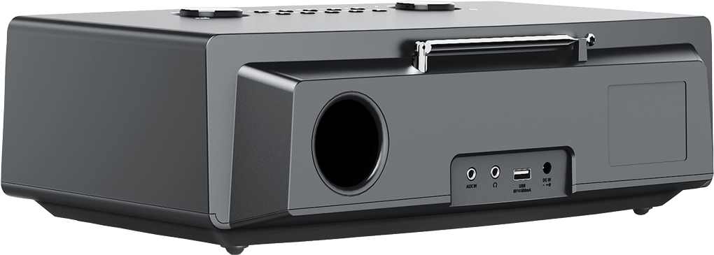 Schwarzes Stereo mit Lautsprecher, Knöpfen und Radioantenne.