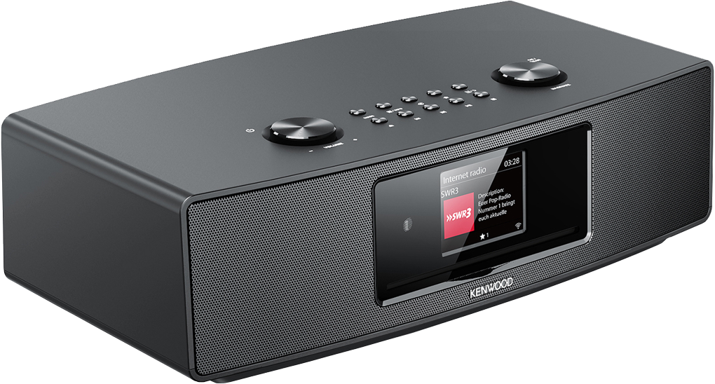 Schwarzes Kenwood-Radio mit Display, das Radioinformationen anzeigt.