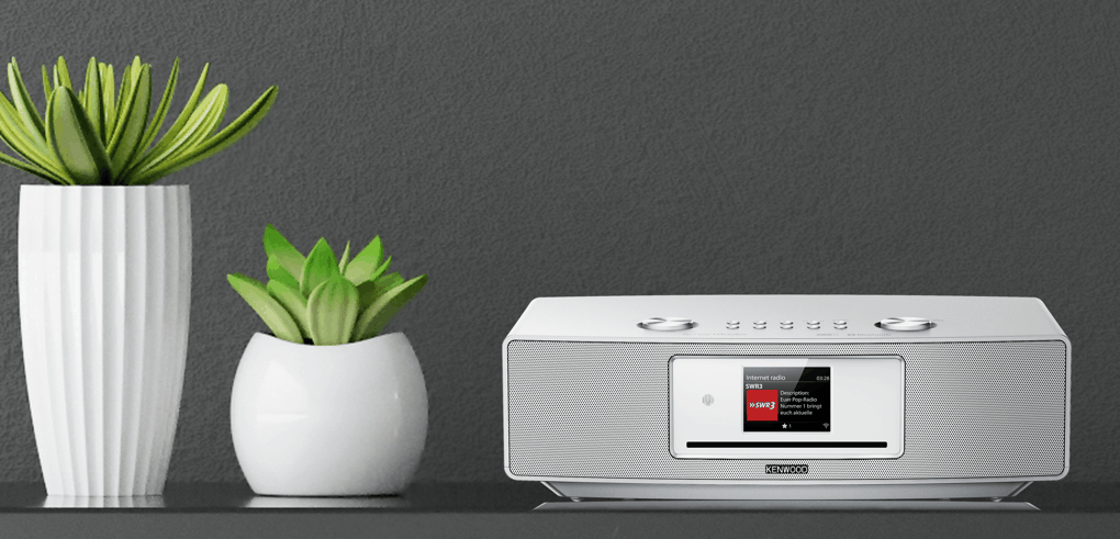 Weißes Radio mit Display, Pflanzen auf grauer Oberfläche.