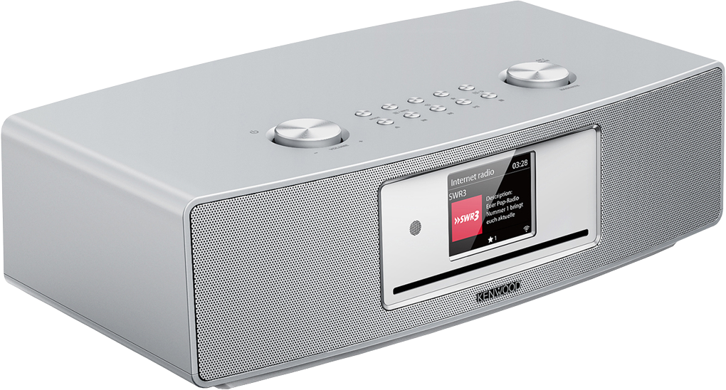 Silbernes Kenwood Internetradio mit Bildschirm und Bedientasten.