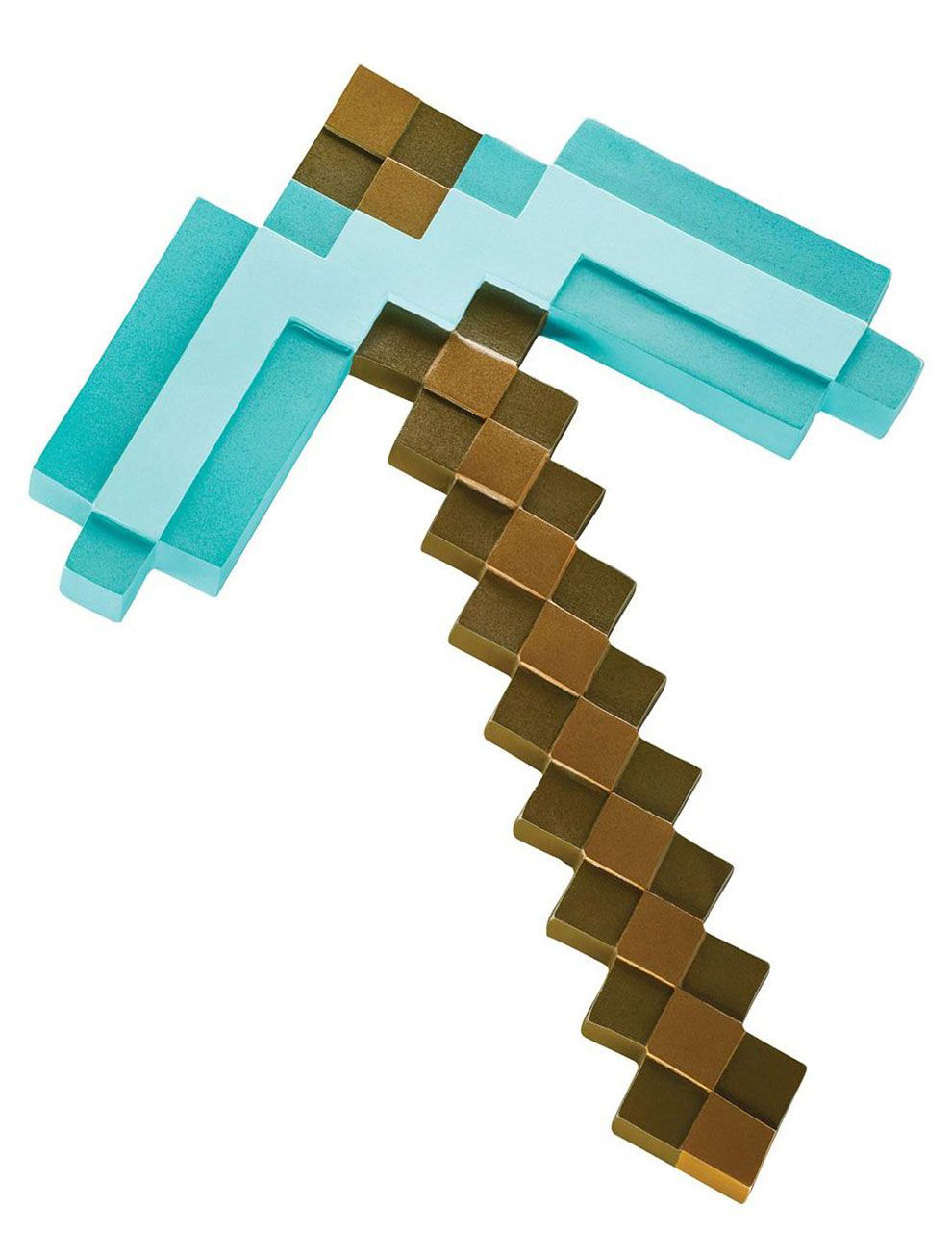 Ein Minecraft-Pickaxe-Spielzeug. Es ist blau und braun, pixelig und vor weißem Hintergrund.