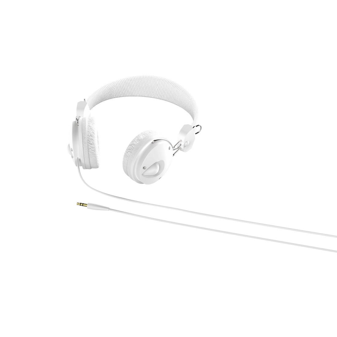 Auriculares blancos sobre fondo blanco con cable y conector a la izquierda.