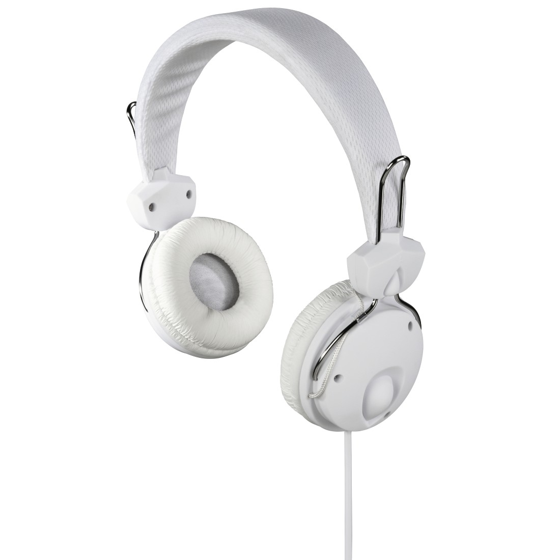 Auriculares blancos con cable blanco. Los auriculares son redondos.