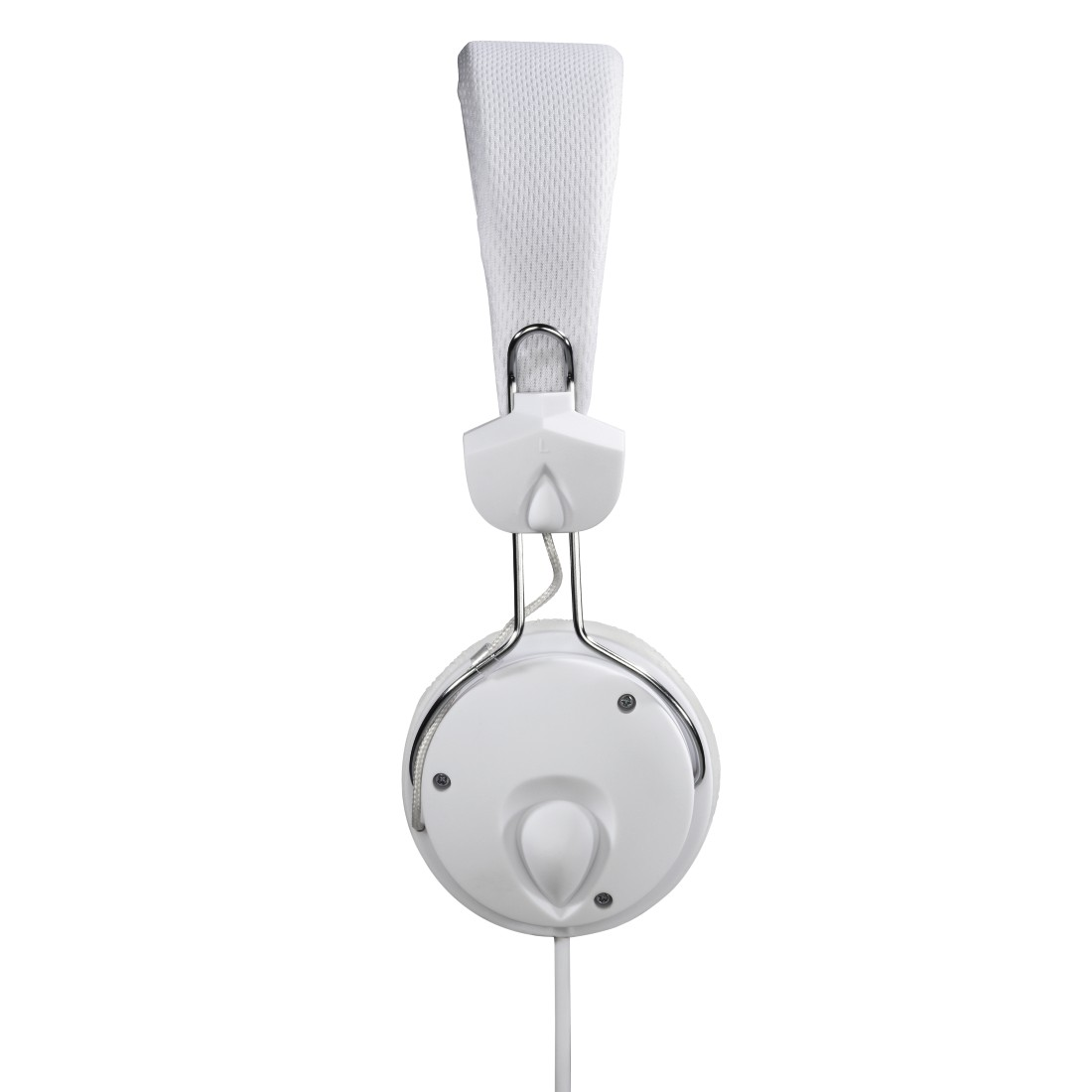 Auriculares blancos, con diadema y almohadillas, aislados sobre un fondo blanco.