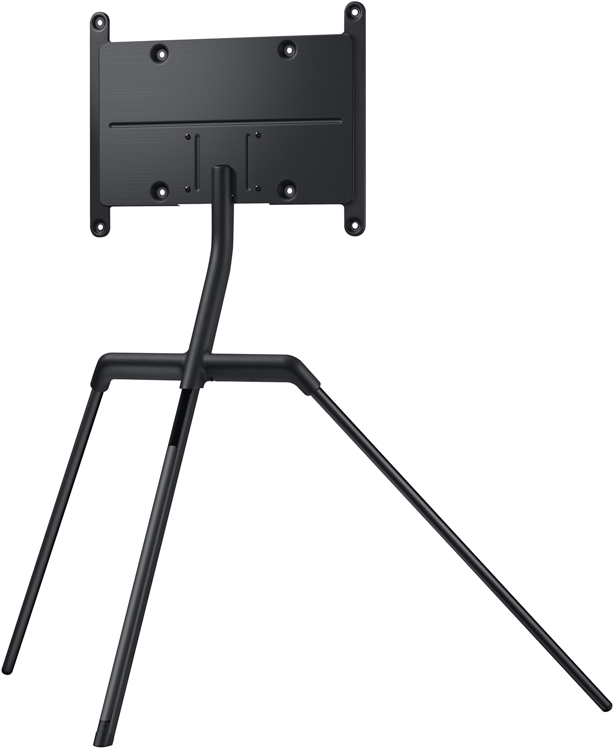 Zwarte tv-standaard met zwart frame.