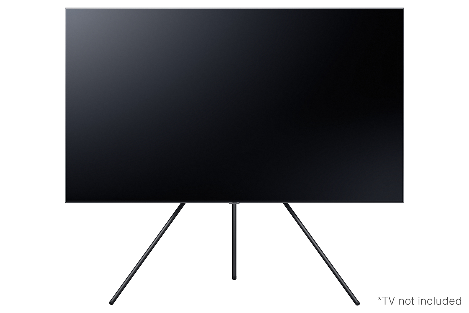 Een groot zwart tv-scherm op een zwart statief, witte achtergrond.