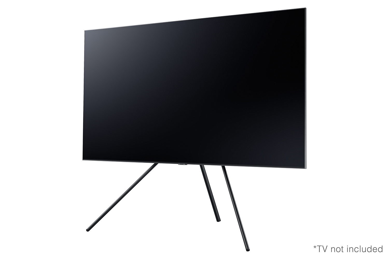 Een zwarte tv op een zwart statief met drie poten, tegen een witte achtergrond.
