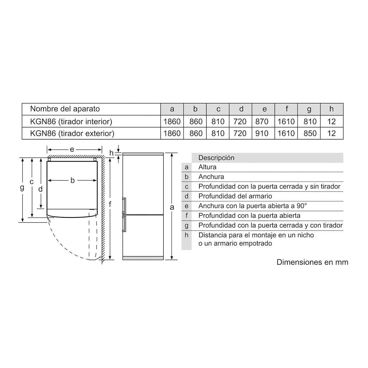 Diagrama técnico de un refrigerador con dimensiones y detalles en milímetros. Fondo blanco.