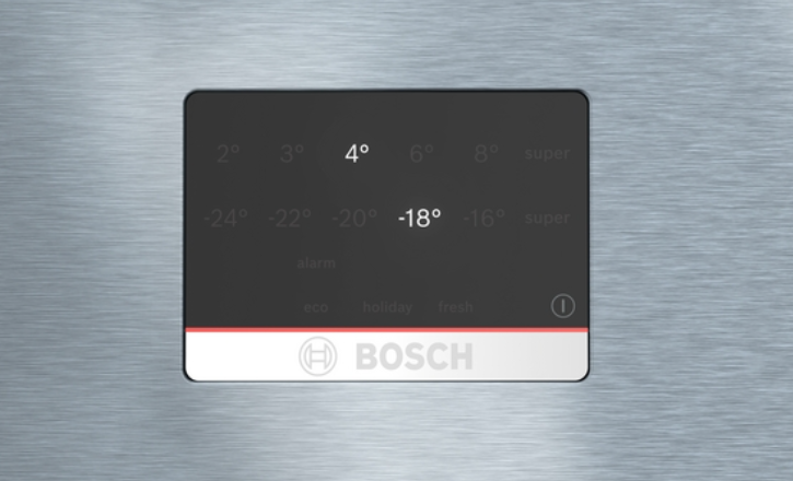 Panel de control del refrigerador que muestra la configuración de temperatura y el logotipo de Bosch.