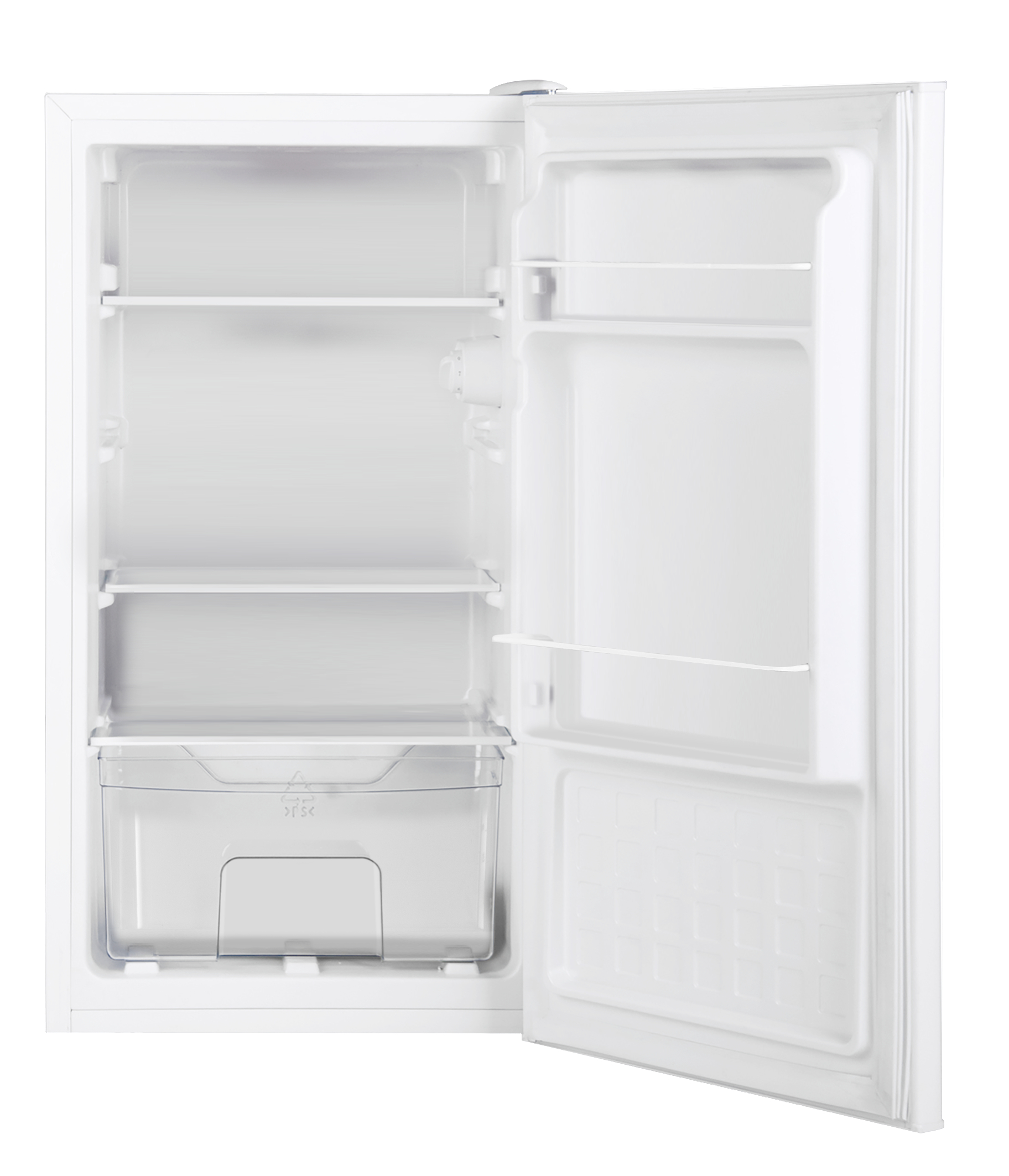 Ein leerer weißer Kühlschrank mit offener Tür, der Regale und eine Gemüseschublade zeigt.