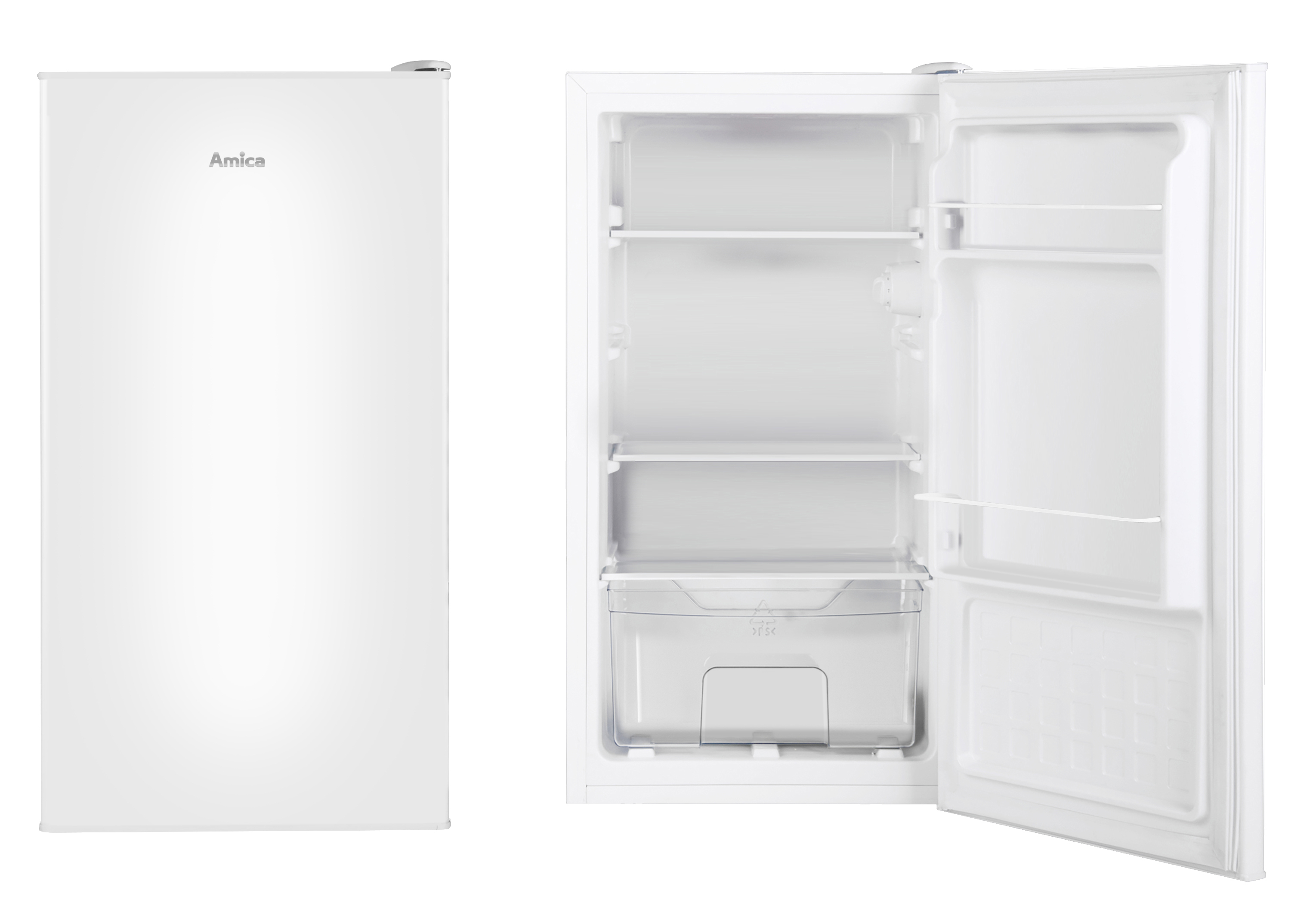 Weißer Amica Kühlschrank, links geschlossen, rechts offen. Innenraum zeigt Regale und eine Schublade.