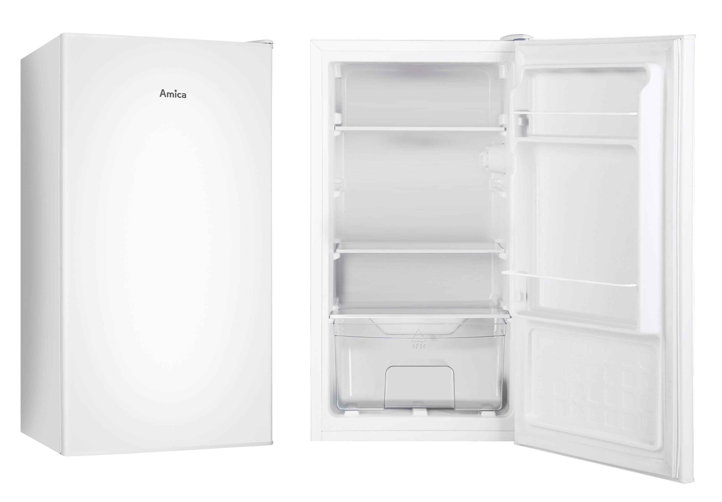 Weißer Amica Kühlschrank, geschlossen und offen. Zeigt Regale und Schublade.