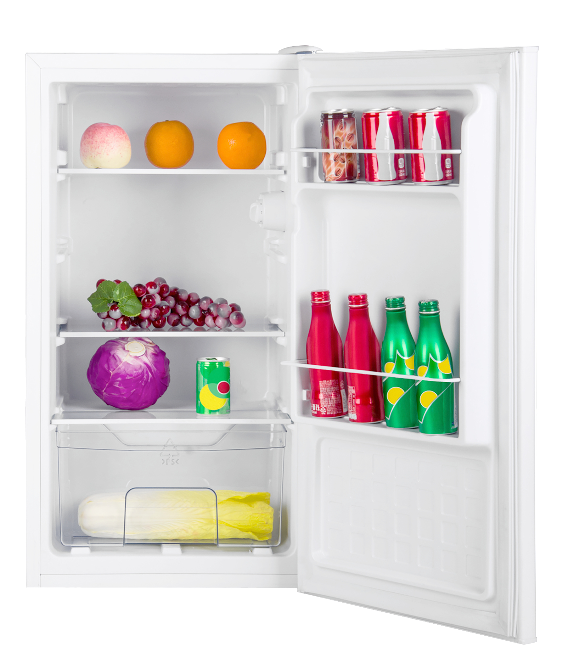 Offener weißer Kühlschrank mit Obst, Getränken und Gemüse.