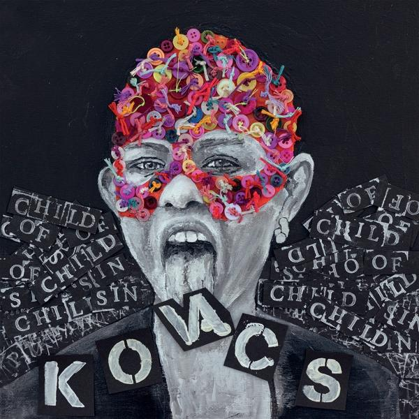 Abstrakte Kunst. Gesicht mit Knöpfen, Buchstaben 'KOVACS'. Schwarz und Weiß.