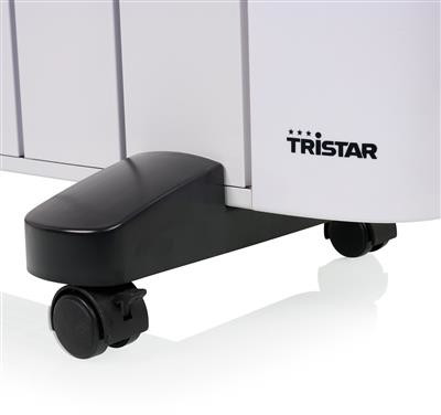 A white Tristar heater, with black wheels and base.