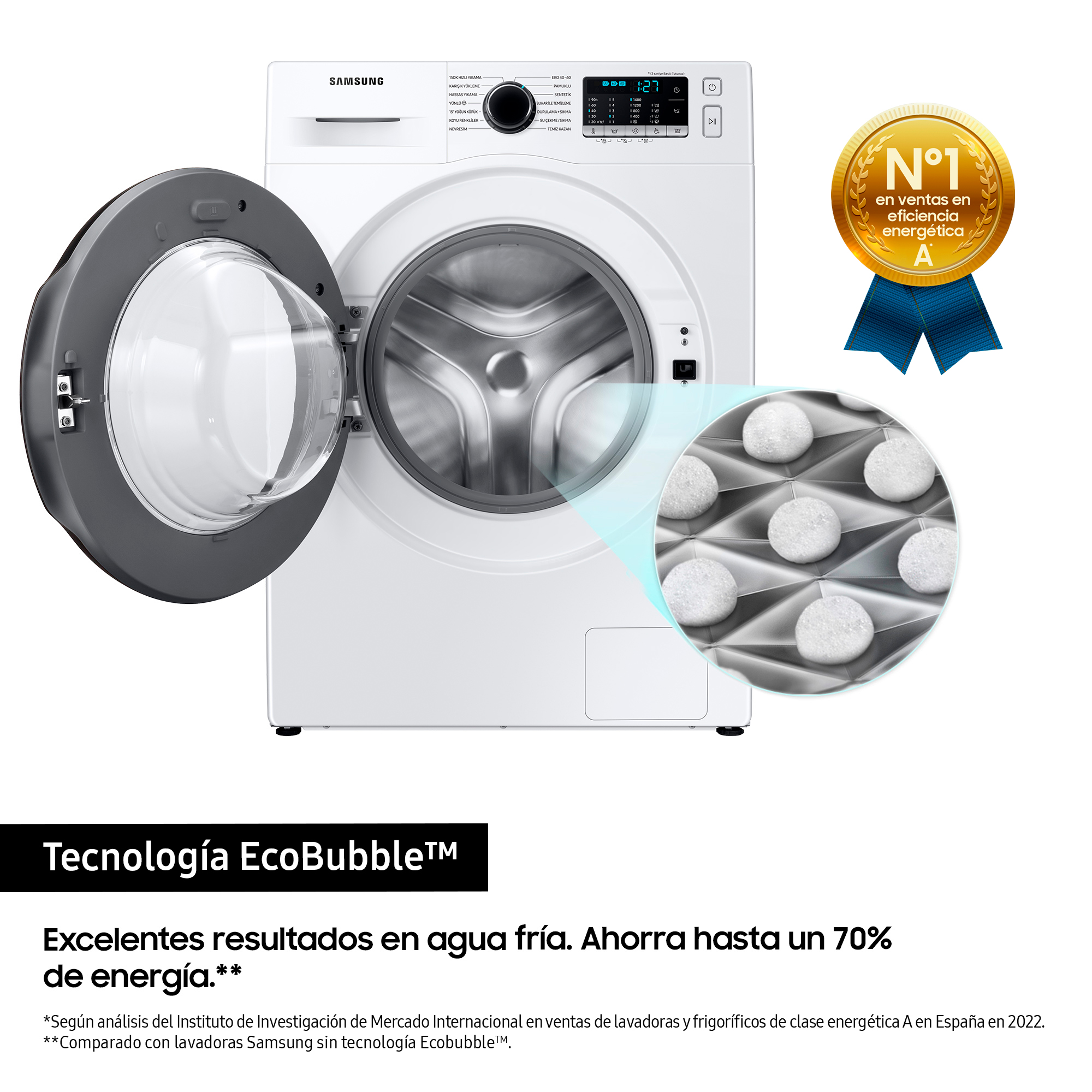 Lavadora blanca con puerta abierta. Interior plateado, cinta de premio azul.