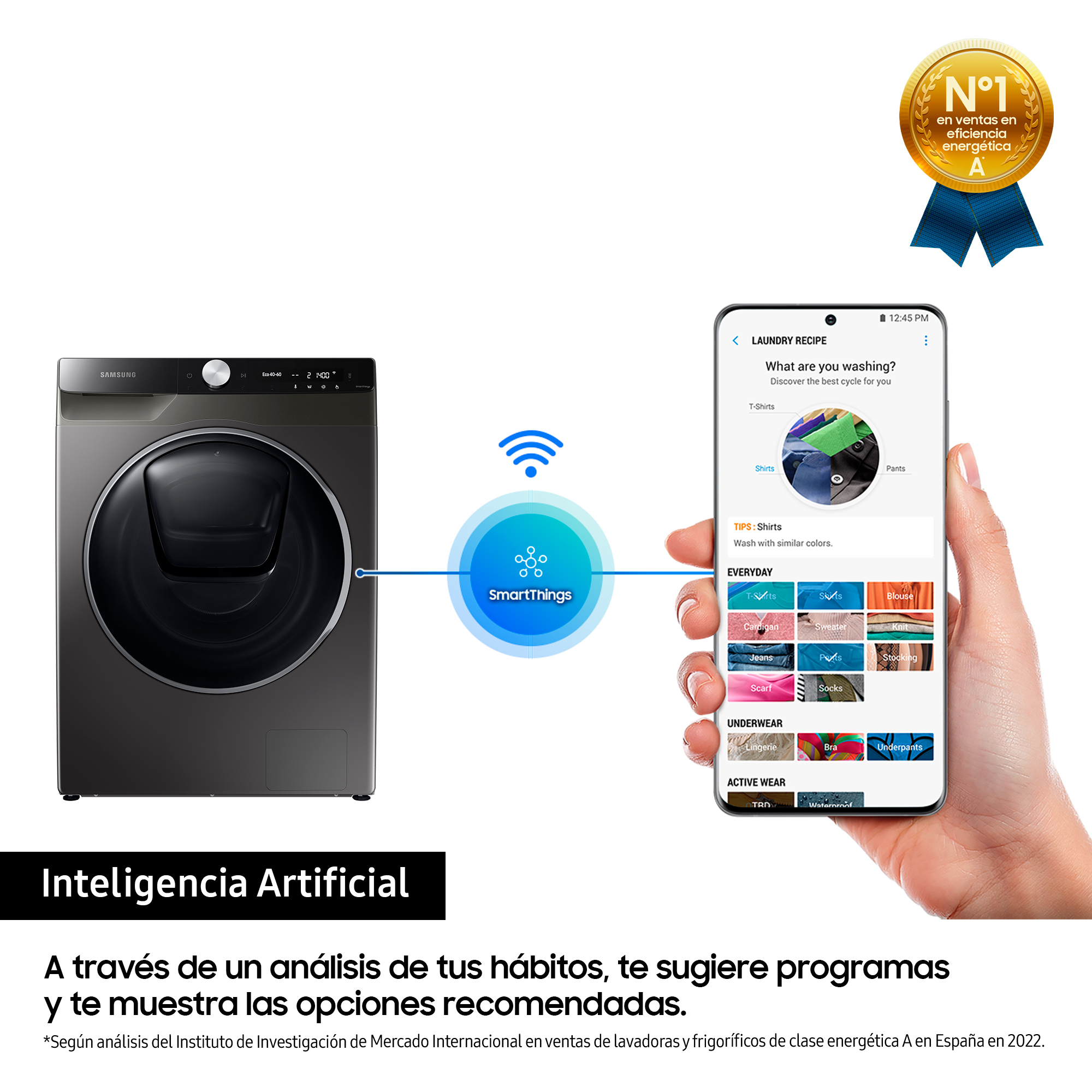 Lavadora con un smartphone que muestra el programa de lavado inteligente.