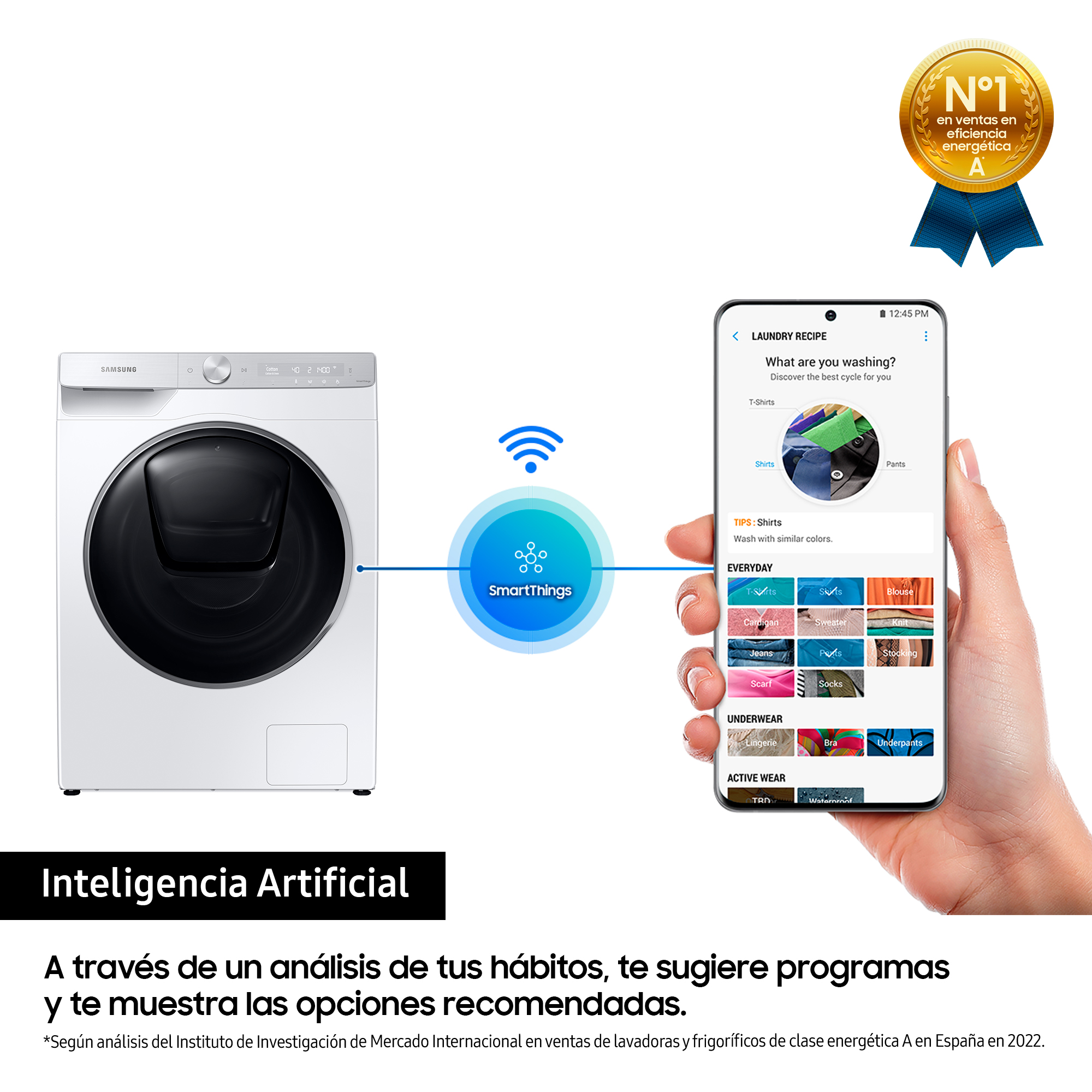 Una lavadora blanca y un teléfono que muestra opciones de lavado, ambos conectados por un icono de SmartThings.