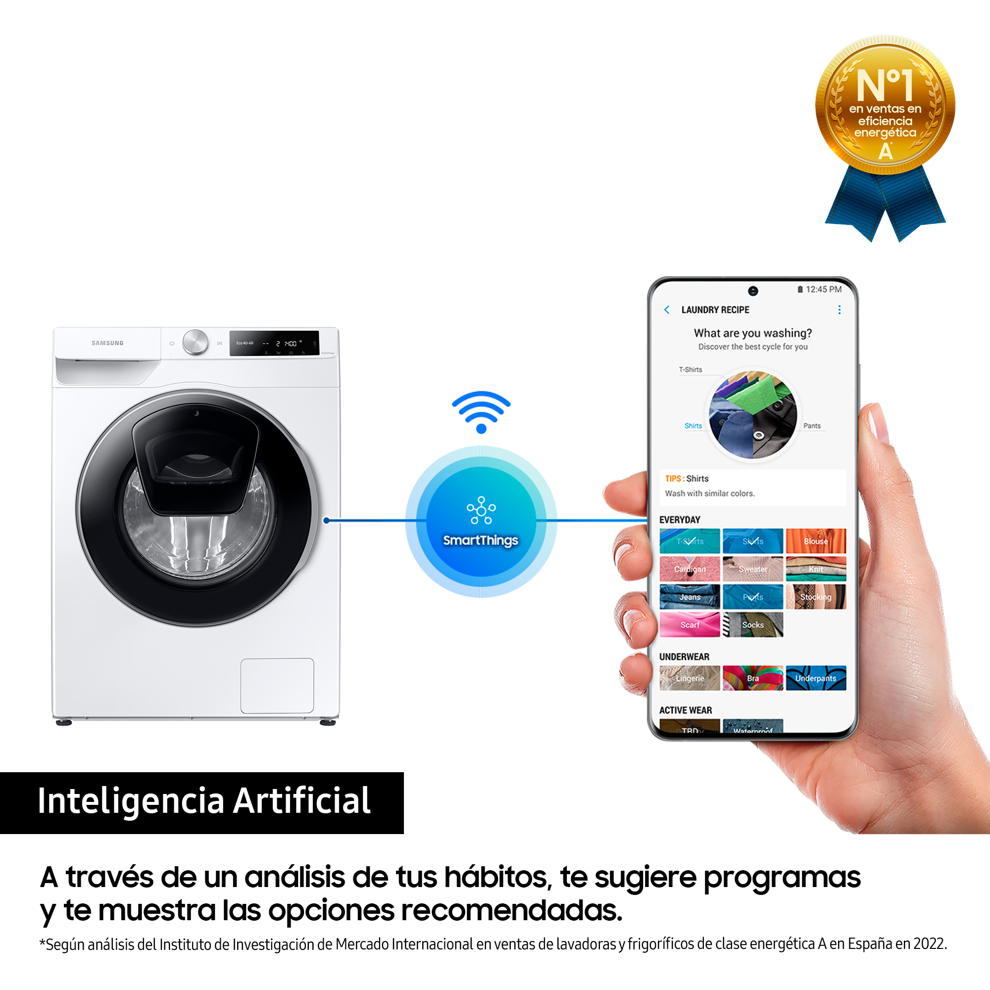 Una medalla de oro con una cinta azul y una lavadora con un teléfono que muestra la aplicación SmartThings.