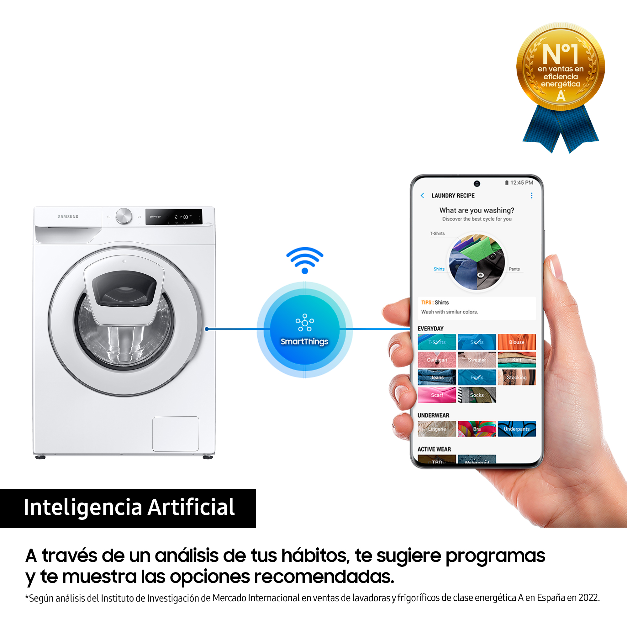 Lavadora y smartphone mostrando una app de lavandería. La app sugiere ajustes de lavado según hábitos.