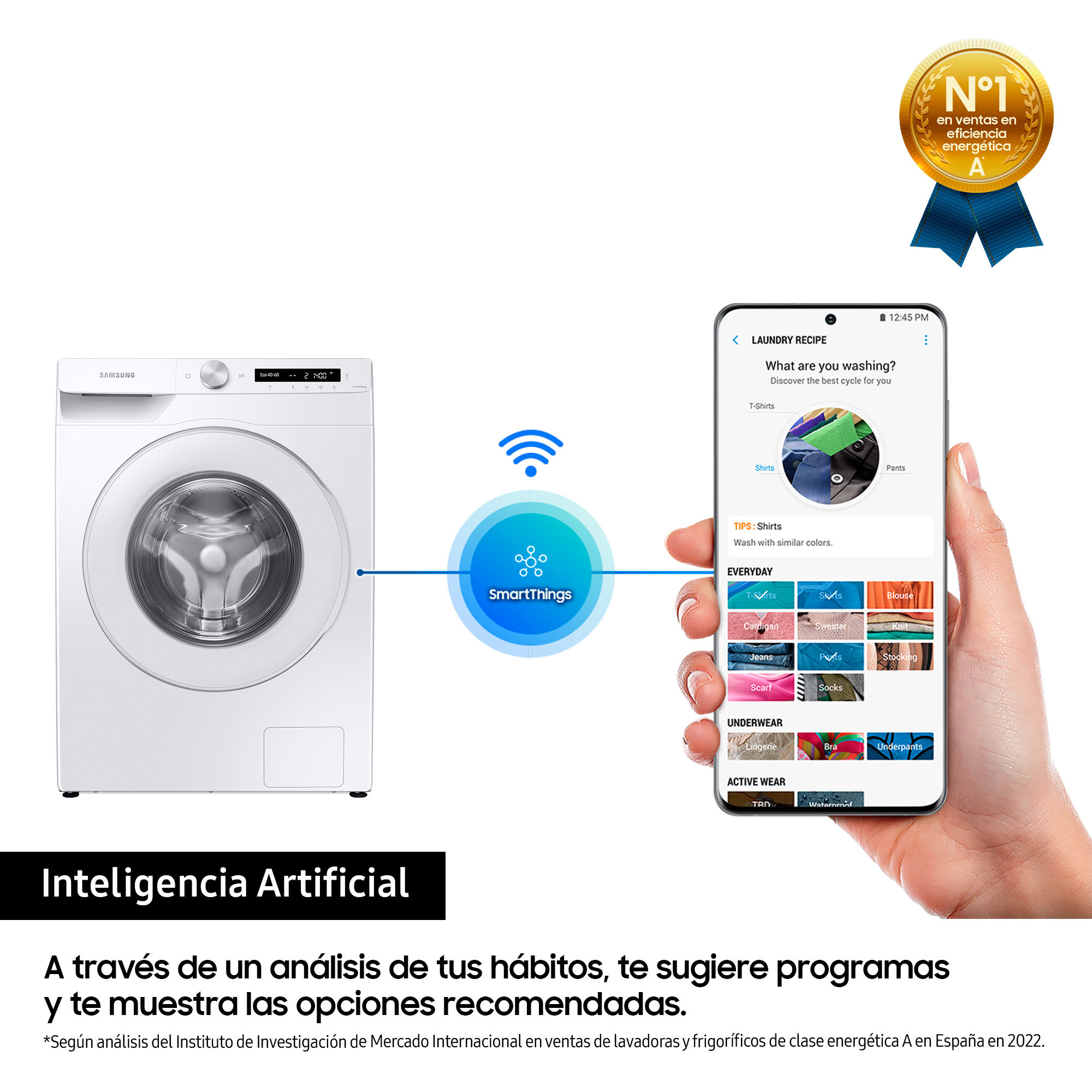 Una lavadora blanca con un smartphone conectado. Muestra opciones de lavado y una insignia de eficiencia energética.