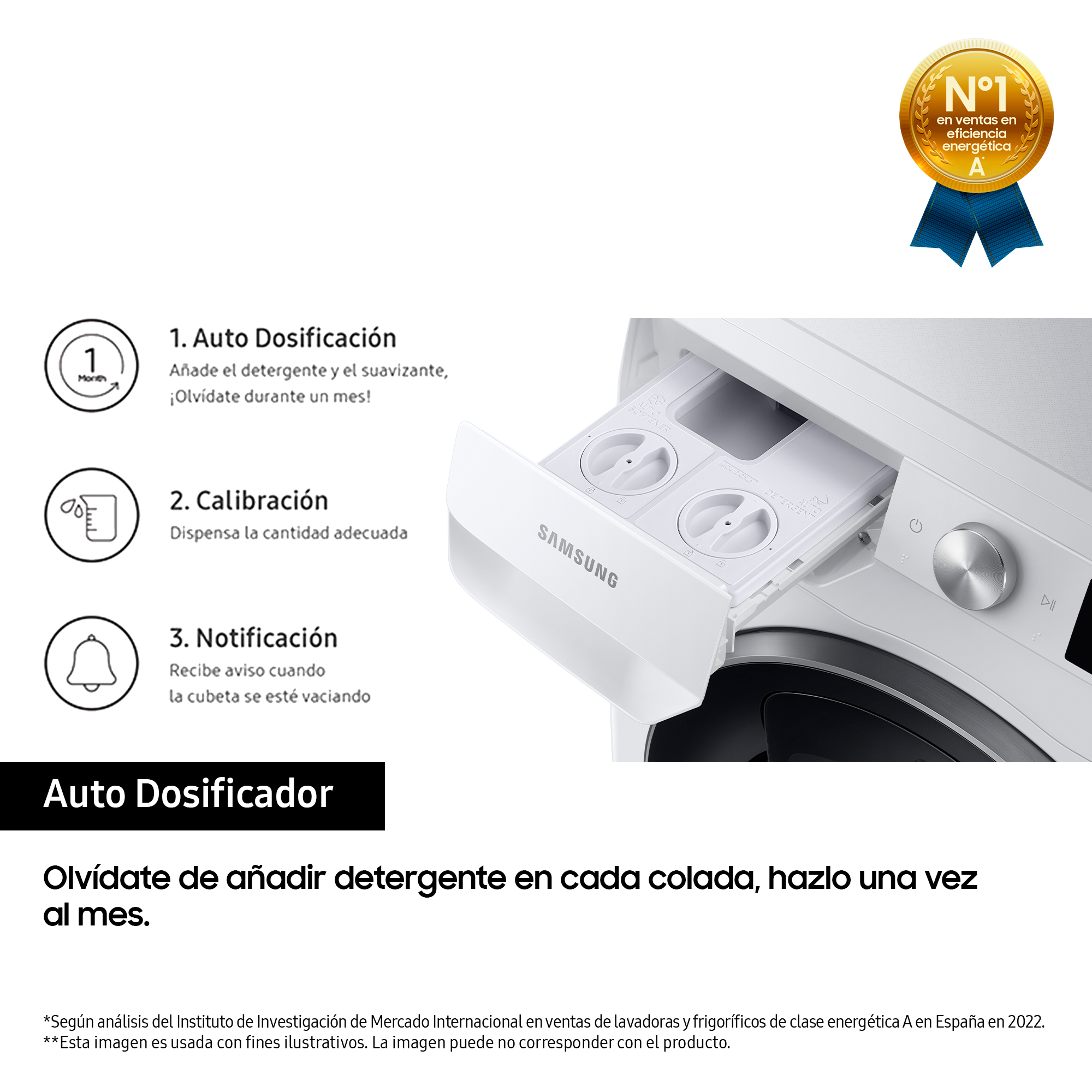 Primer plano de lavadora, cajón del detergente abierto. Medalla de oro de eficiencia energética en la esquina superior derecha.