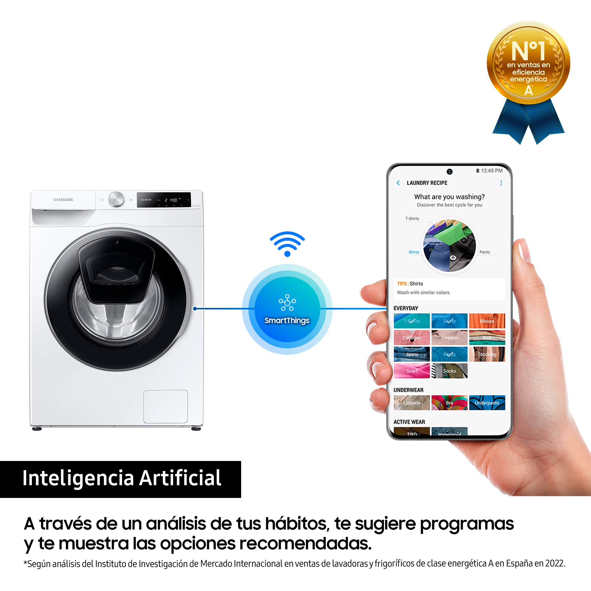 Una lavadora y un teléfono mostrando opciones de ciclo de lavado. El texto dice 'Inteligencia Artificial'.