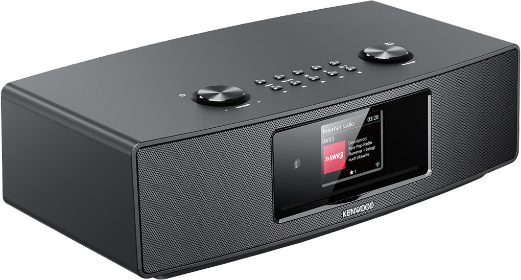 Black Kenwood radio with a screen displaying internet radio.