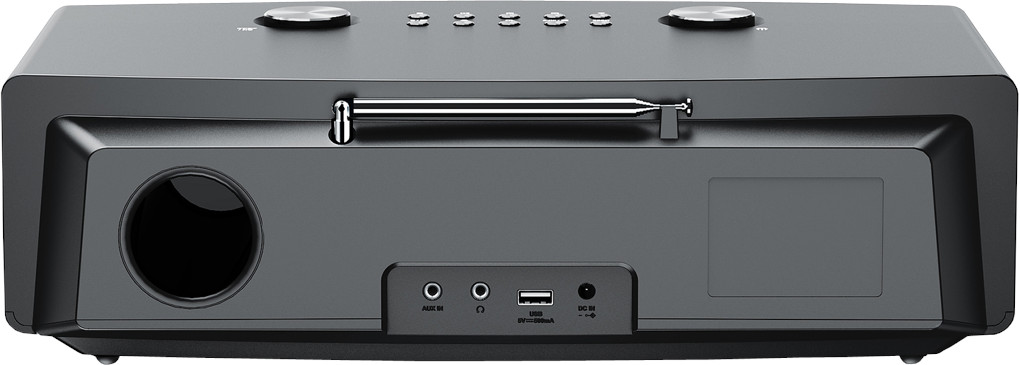 Black radio back with ports: aux in, headphone, USB, power.