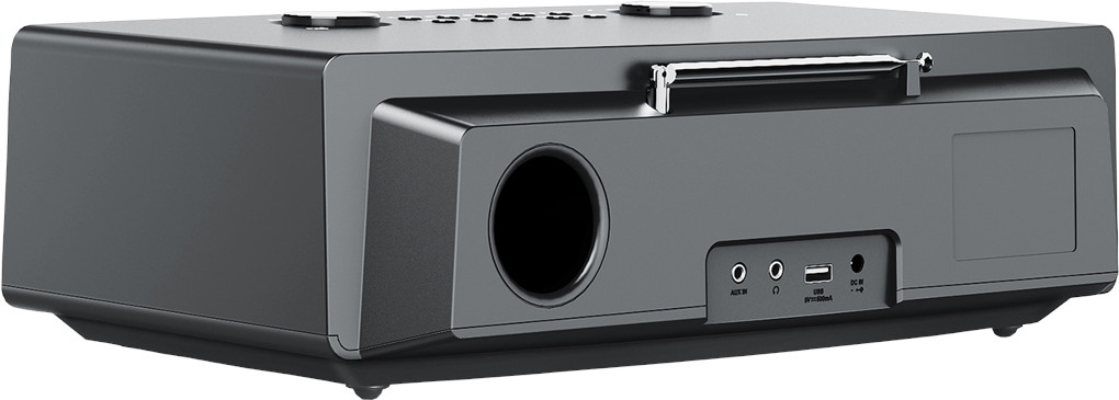 Black speaker with multiple buttons, input ports, and a radio antenna.
