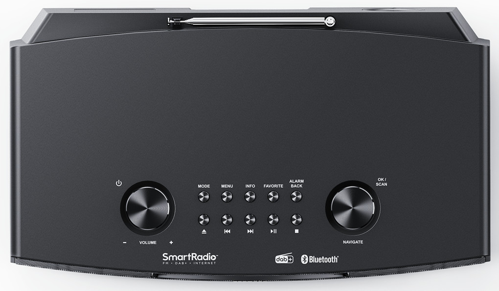 Black radio with buttons and knobs on top, antenna extended.