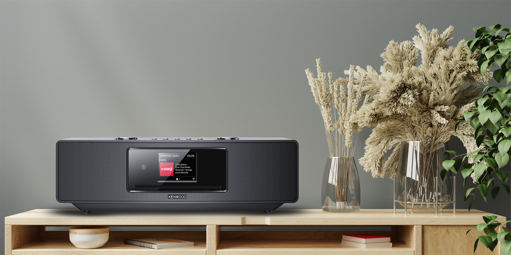 Dark gray Kenwood radio on a wooden surface. Dried flowers and greenery are in the background.