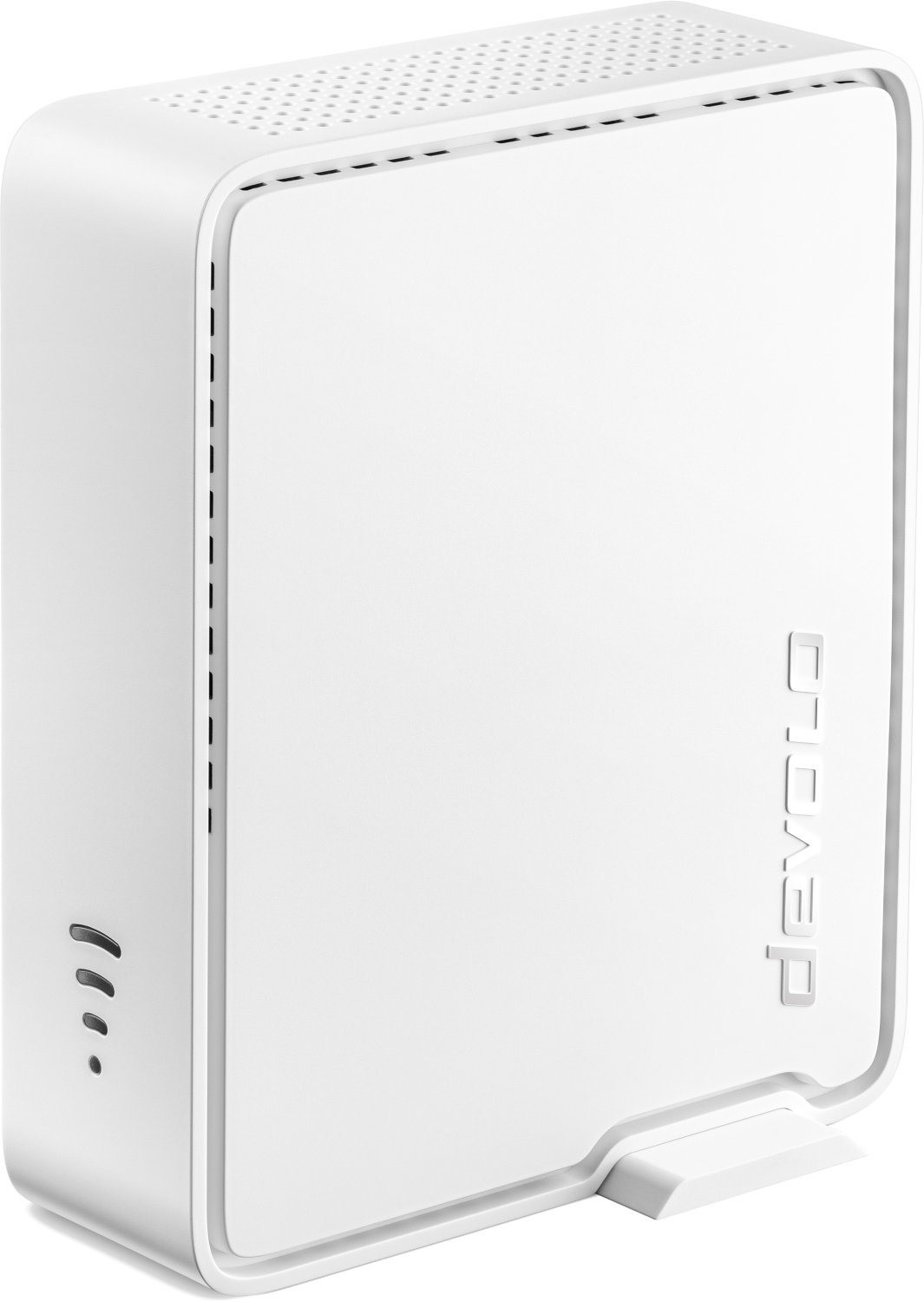 Routeur rectangulaire blanc avec petit support et lumières latérales.