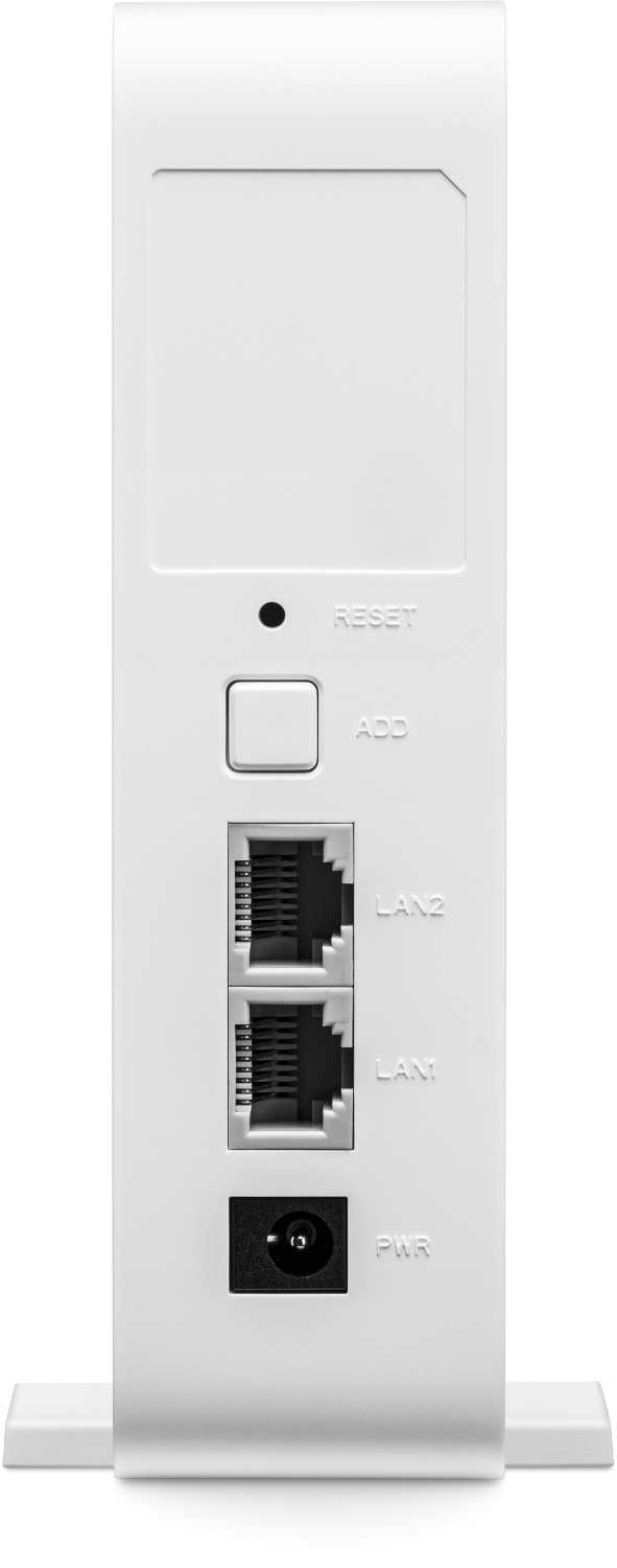 Un modem blanc avec des ports étiquetés RESET, ADD, LAN2, LAN1 et PWR.