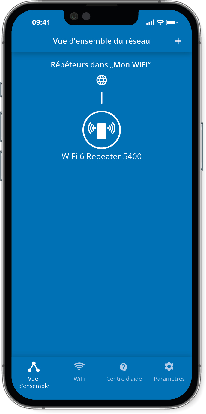 Écran de smartphone affichant un aperçu du réseau WiFi avec une icône de répéteur.