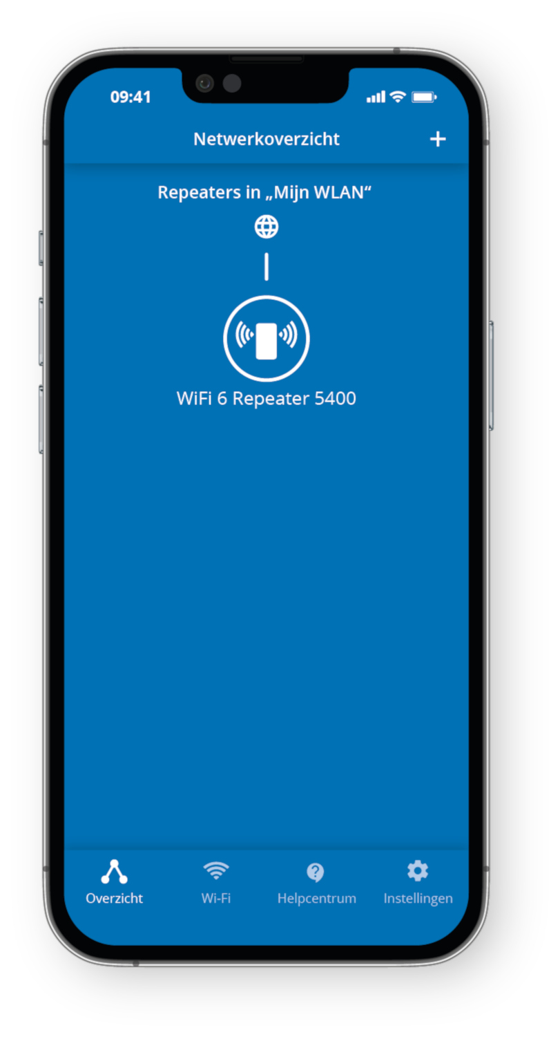 Écran de smartphone montrant une application de répéteur Wi-Fi avec paramètres et options.