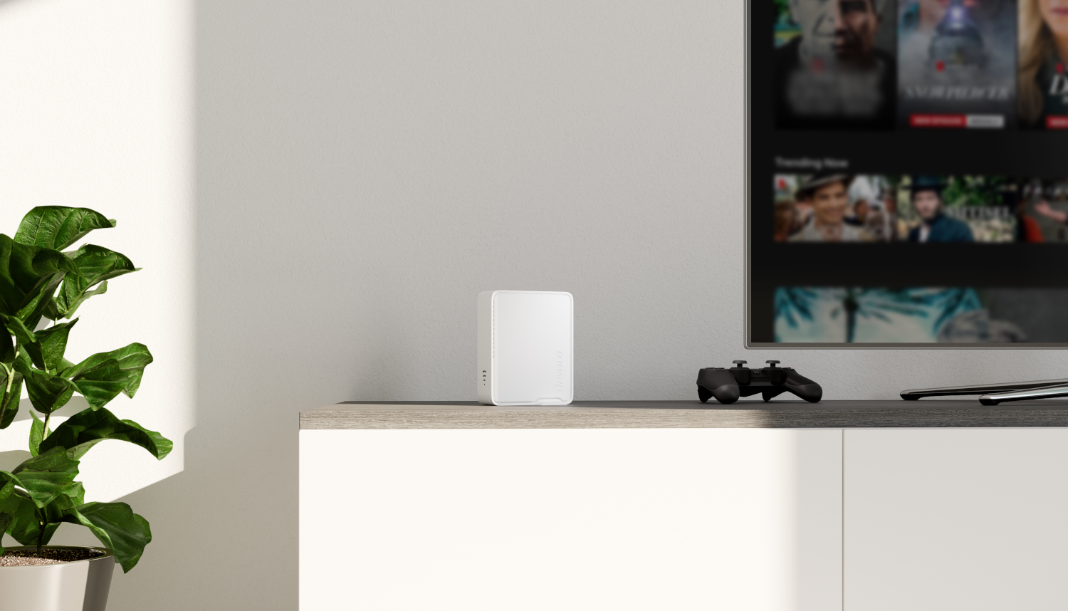 Un appareil blanc sur une armoire blanche, une TV avec le menu Netflix, une manette et une plante.