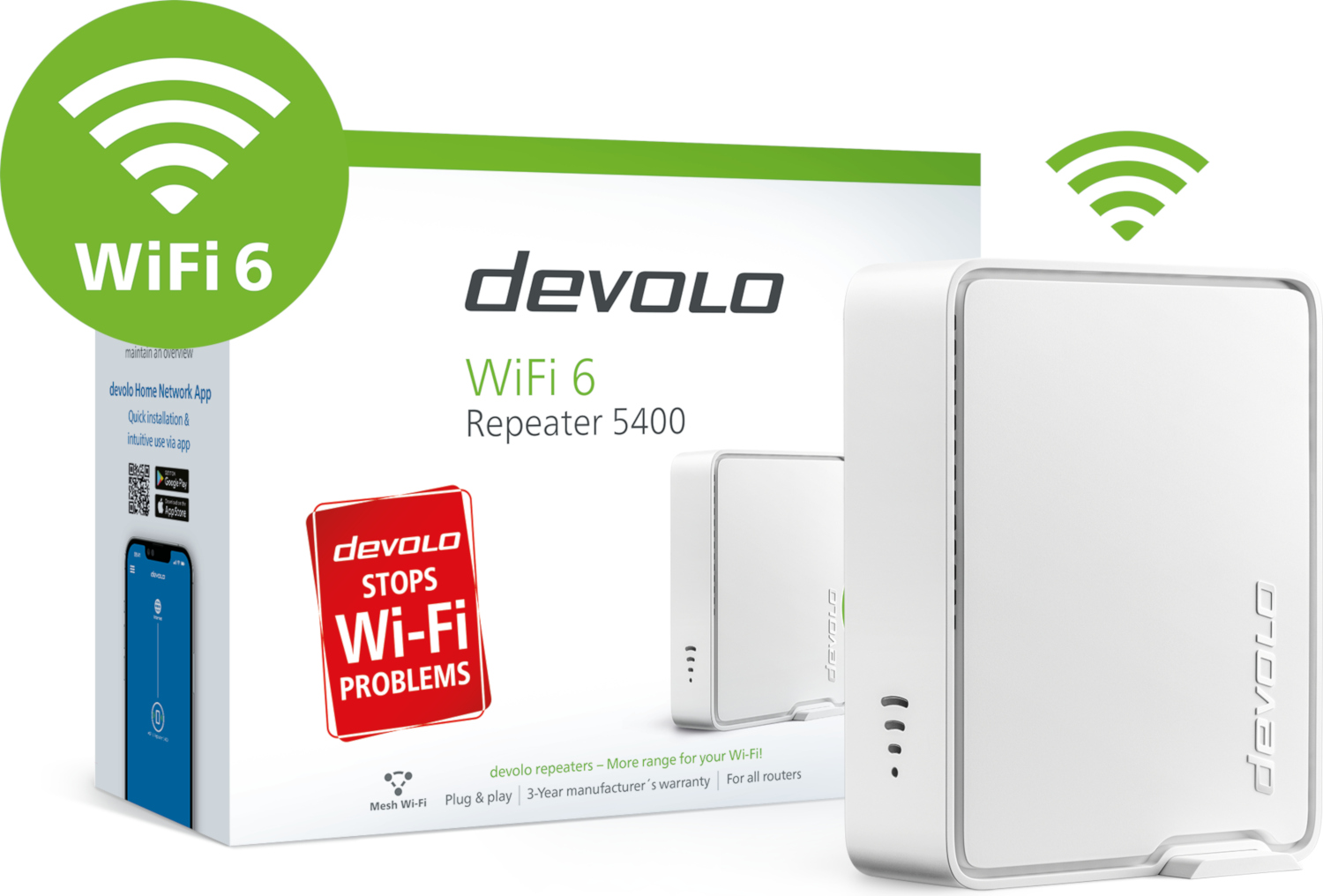 Répéteur Wi-Fi 6 blanc et emballage, avec le texte 'WiFi 6' et la marque devolo.
