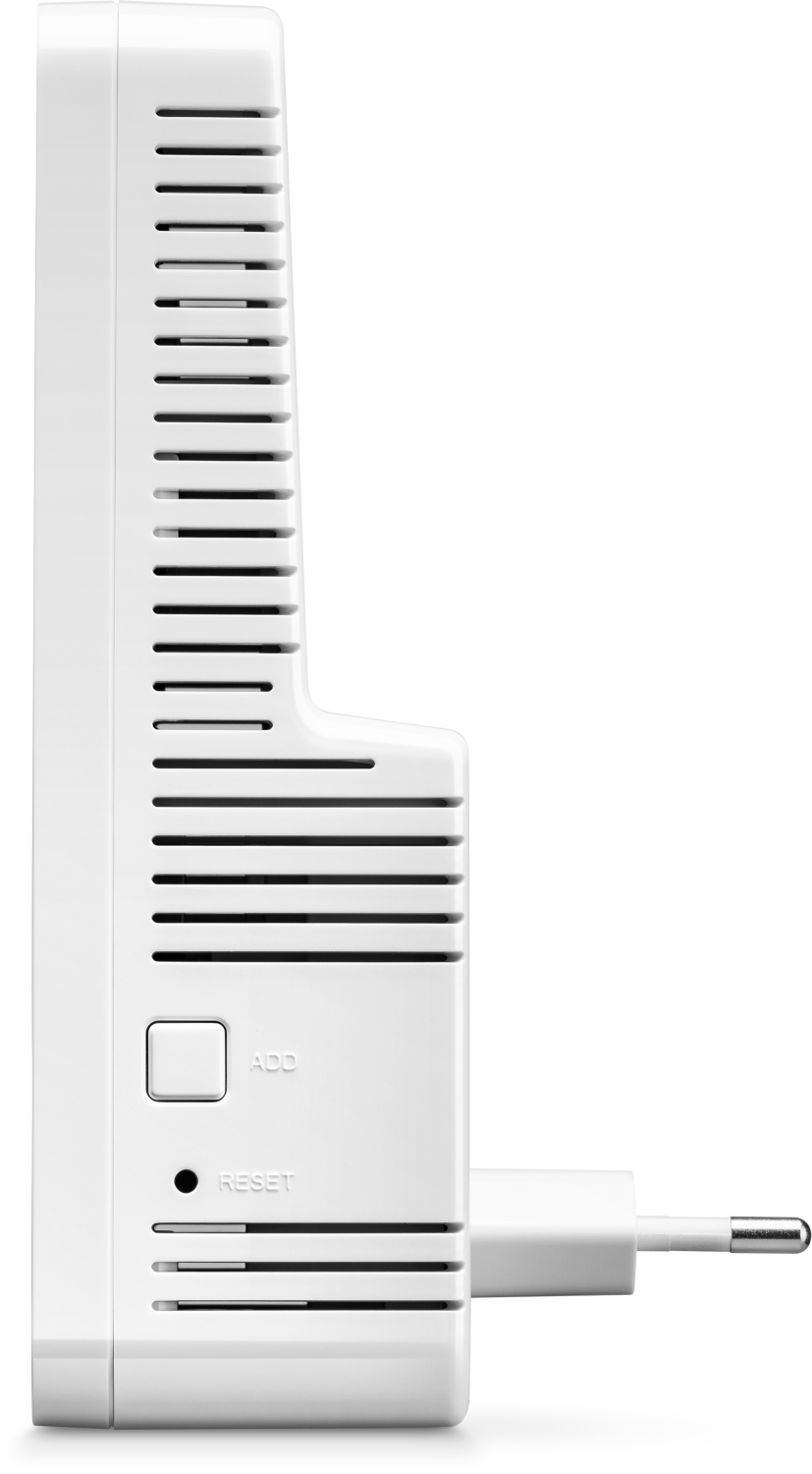 Wit netwerkapparaat met stekker, zijaanzicht. Kenmerken zijn ventilatie, een resetknop en een 'add'-knop.