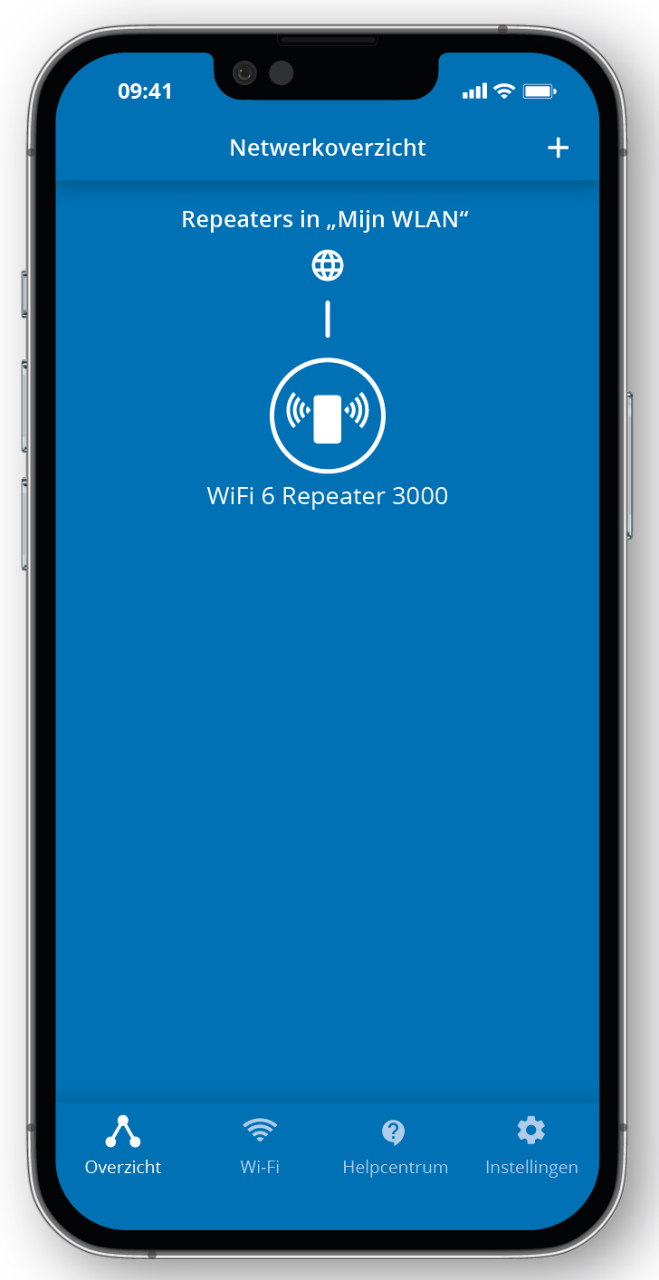 Smartphone scherm met netwerkoverzicht. Toont de WiFi 6 Repeater 3000.