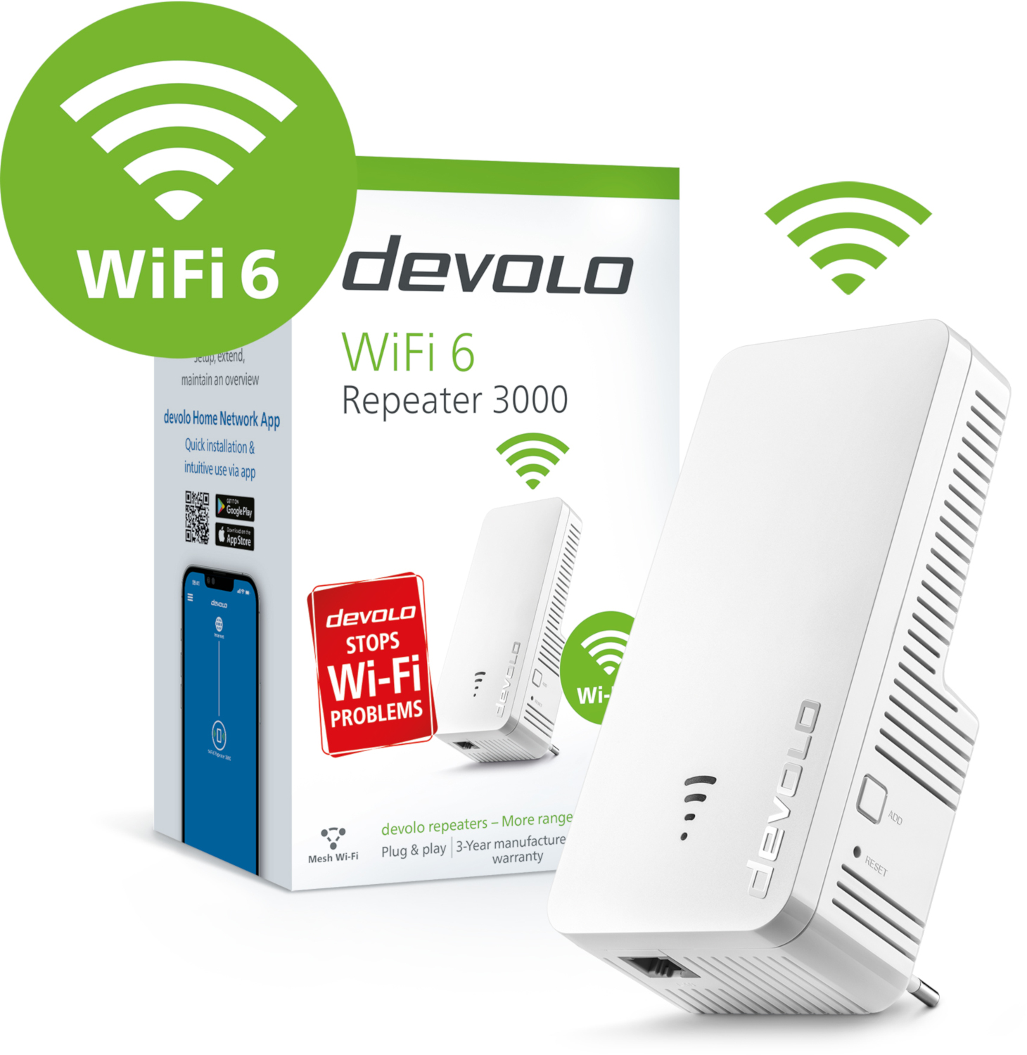 Een witte devolo WiFi 6 repeater en de doos. Op de doos staat 'WiFi 6 Repeater 3000' en 'STOPS Wi-Fi PROBLEMS'.