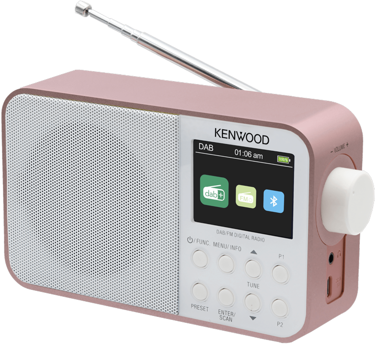 Pink Kenwood DAB radio. Has a screen and buttons, a silver antenna, and a white volume knob.