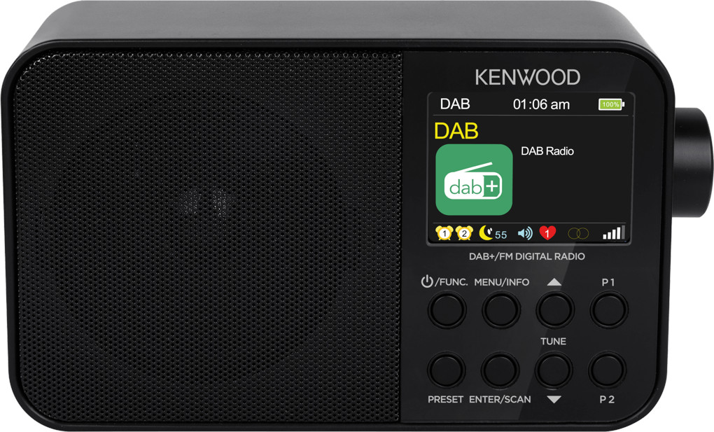 Een zwarte DAB-radio met een display en bedieningsknoppen.