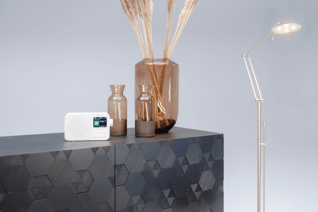 White radio on a dark cabinet. Brown vases with reeds and a standing lamp.