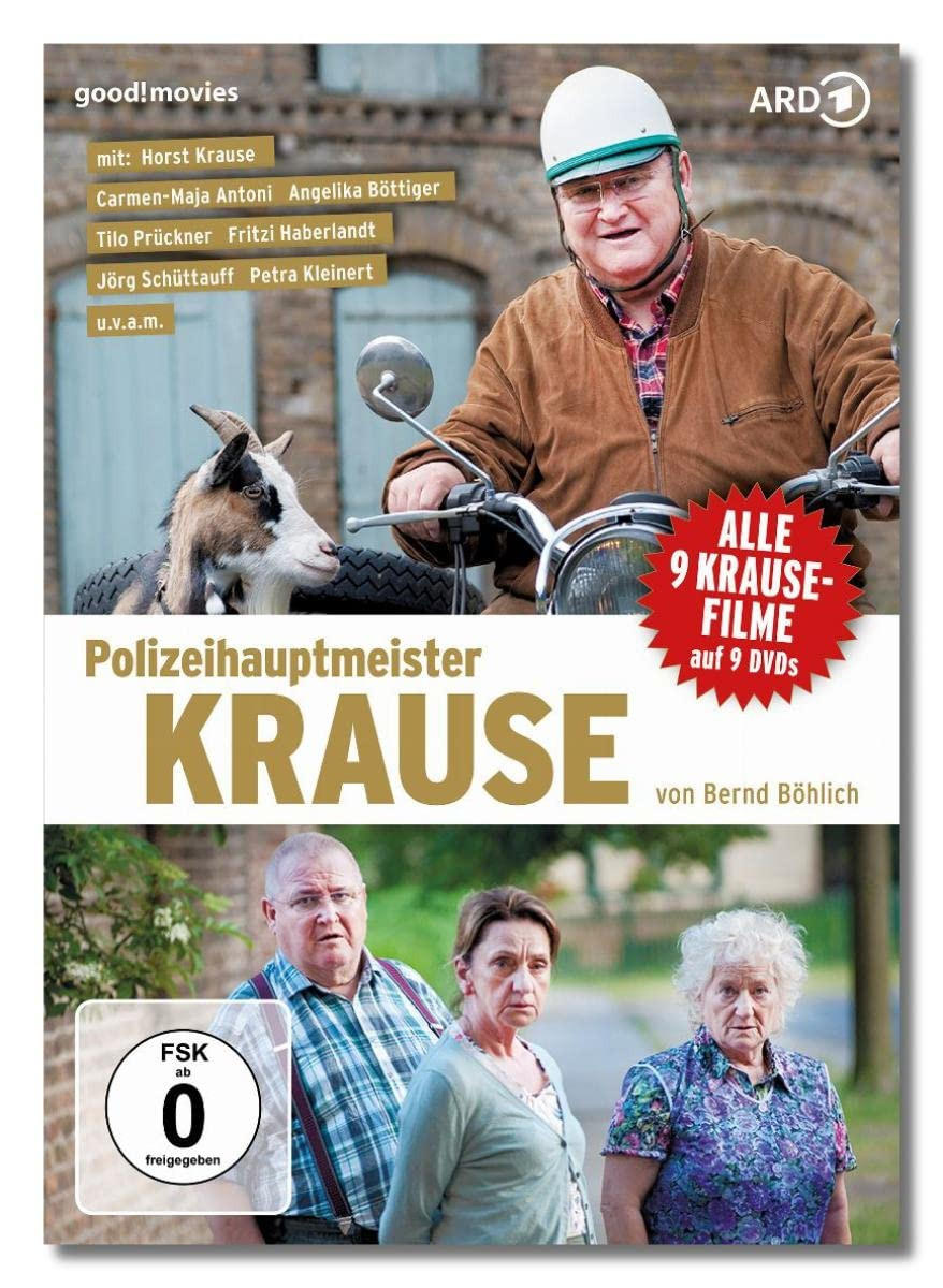 DVD-Cover des Films Polizeihauptmeister Krause mit Schauspielern und einer Ziege auf einem Motorrad.