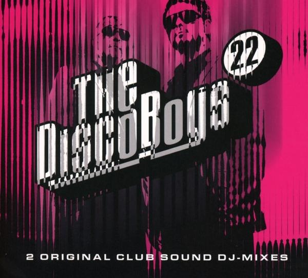 Albumcover mit zwei Männern mit Sonnenbrillen, betitelt 'The Disco Boys'. Rosa Hintergrund mit Grafikdesign.