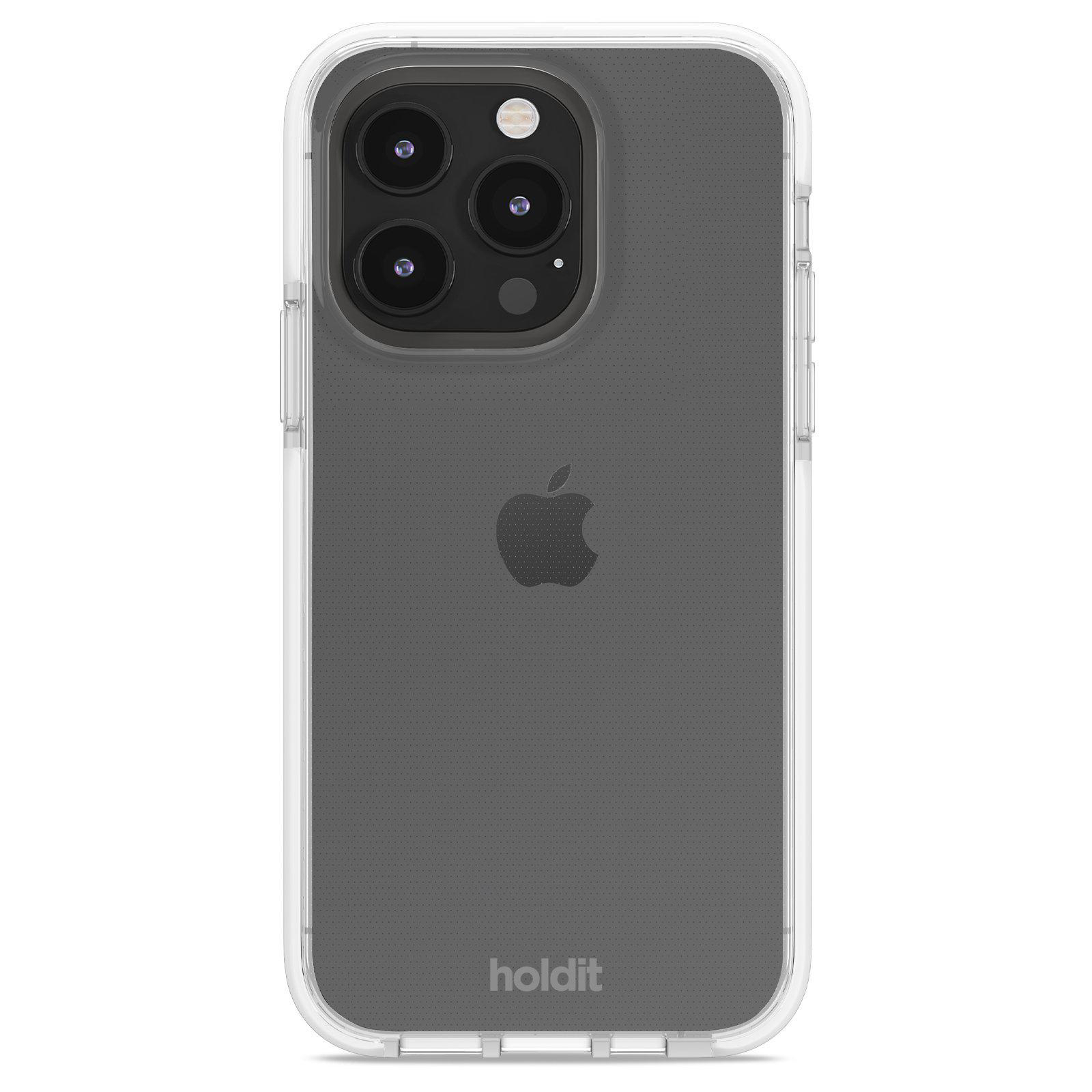 Transparente Handyhülle mit schwarzem Telefon. Das Telefon hat 3 Kameras, das Apple-Logo ist sichtbar.