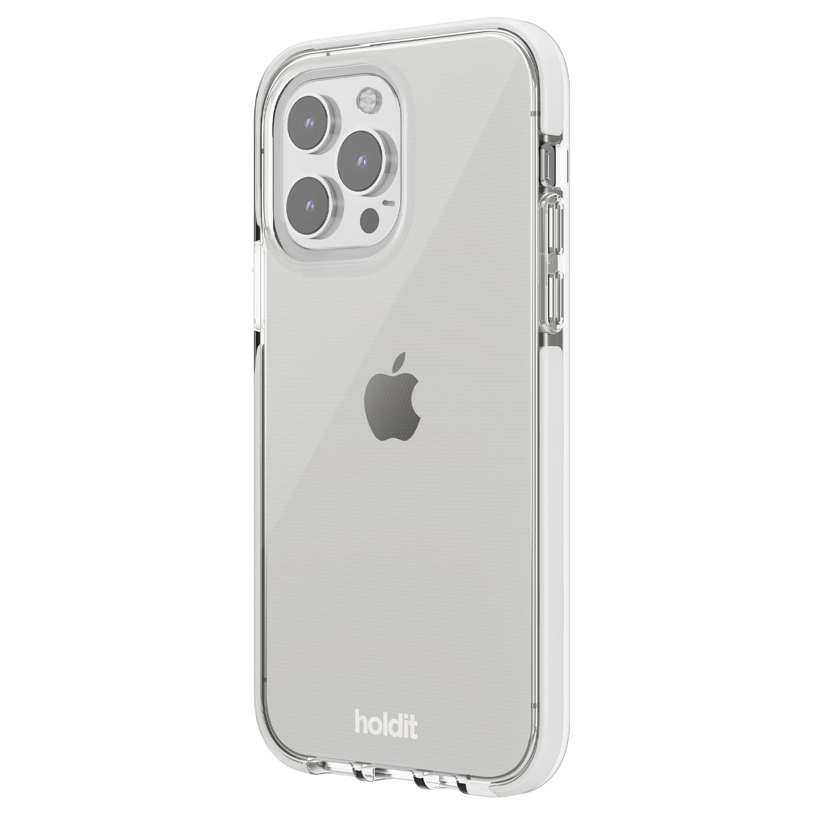 Transparente Handyhülle auf weißem Hintergrund. Das Apple-Logo ist auf der Rückseite sichtbar.