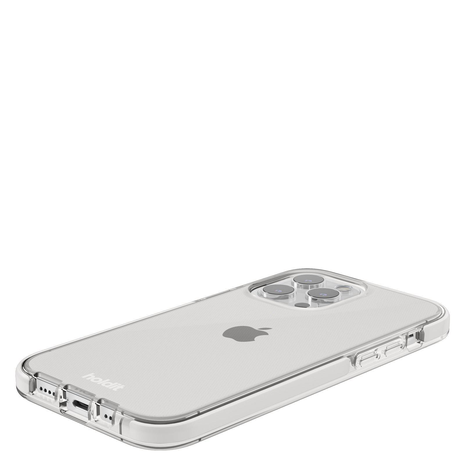Transparente iPhone-Hülle mit Telefon, Apple-Logo sichtbar.